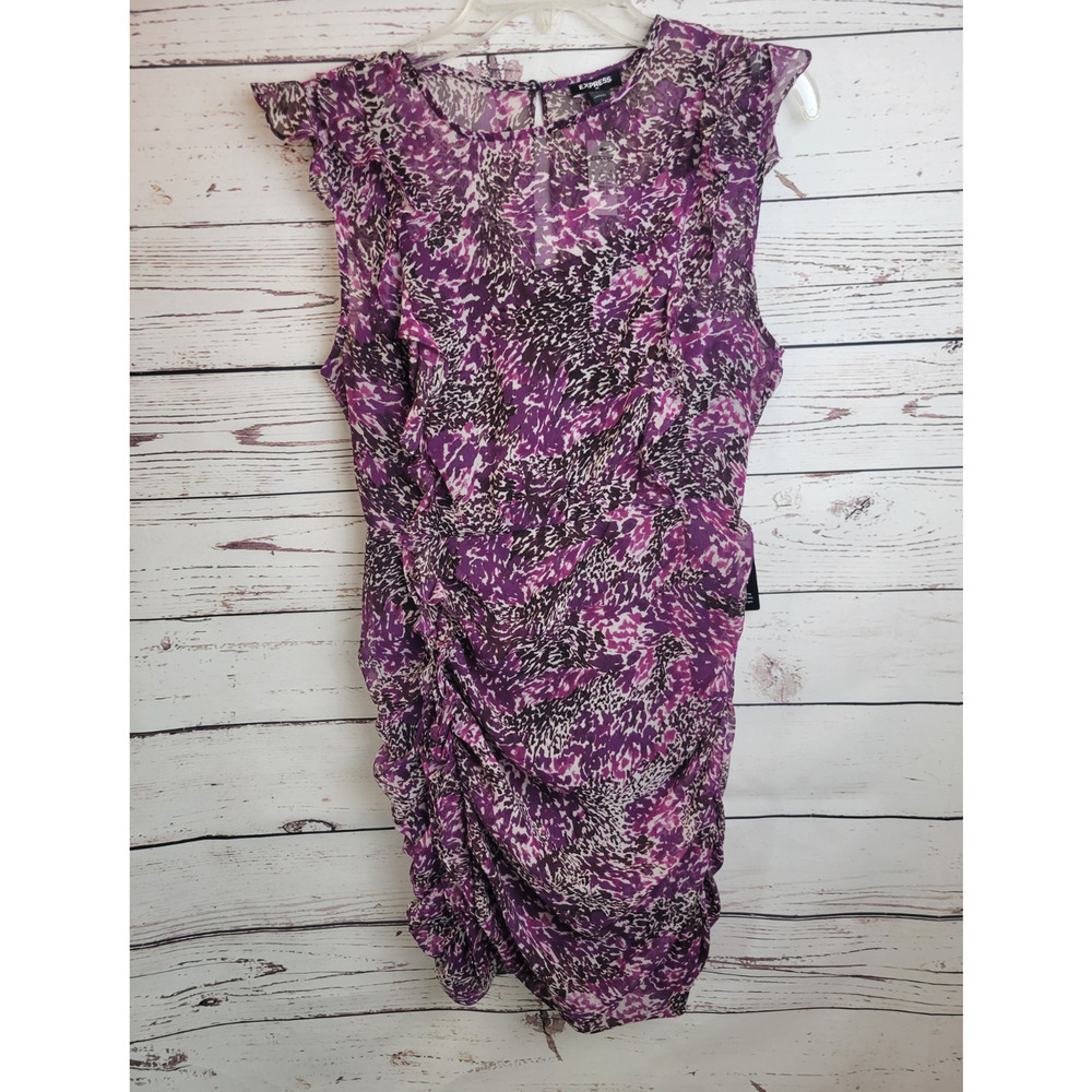 NWT Express‎ Purple Animal Print Ruched Sleeveless Dress Women's Size Large